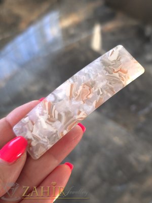 Стилна шнола за коса с напръскан мраморен ефект в бяло седеф и телесен цвят, размери 8 на 2,3 см с метална основа - ST1206